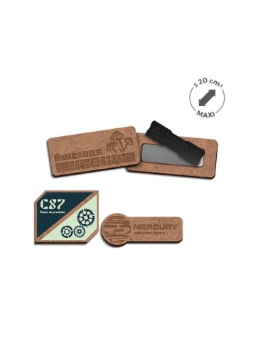 Badge publicitaire MDF 3 mm avec aimant, taille maxi 20 cm²