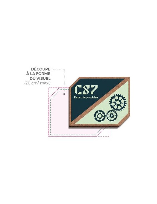 Badge MDF ép. 3 mm avec aimant entre 20 cm2 et 40 cm2 maxi publicitaire