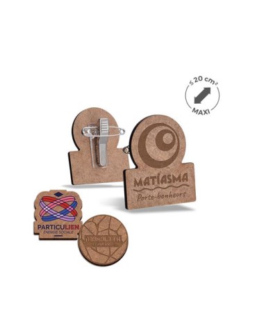 Badge publicitaire MDF 3 mm avec pince-épingle, taille maxi 20 cm²