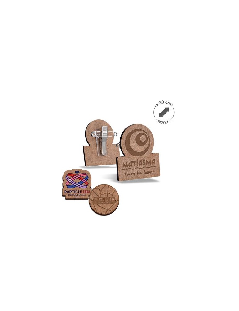Badge publicitaire MDF 3 mm avec pince-épingle, taille maxi 20 cm²