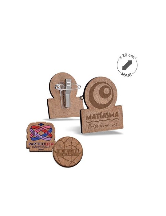 Badge publicitaire MDF 3 mm avec pince-épingle, taille maxi 20 cm²