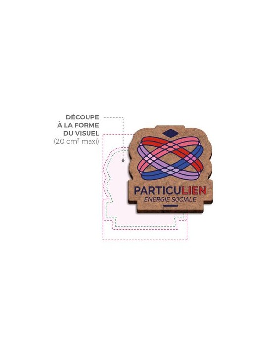 Badge publicitaire MDF 3 mm avec pince-épingle, taille maxi 20 cm² goodies publicitaire événementiel