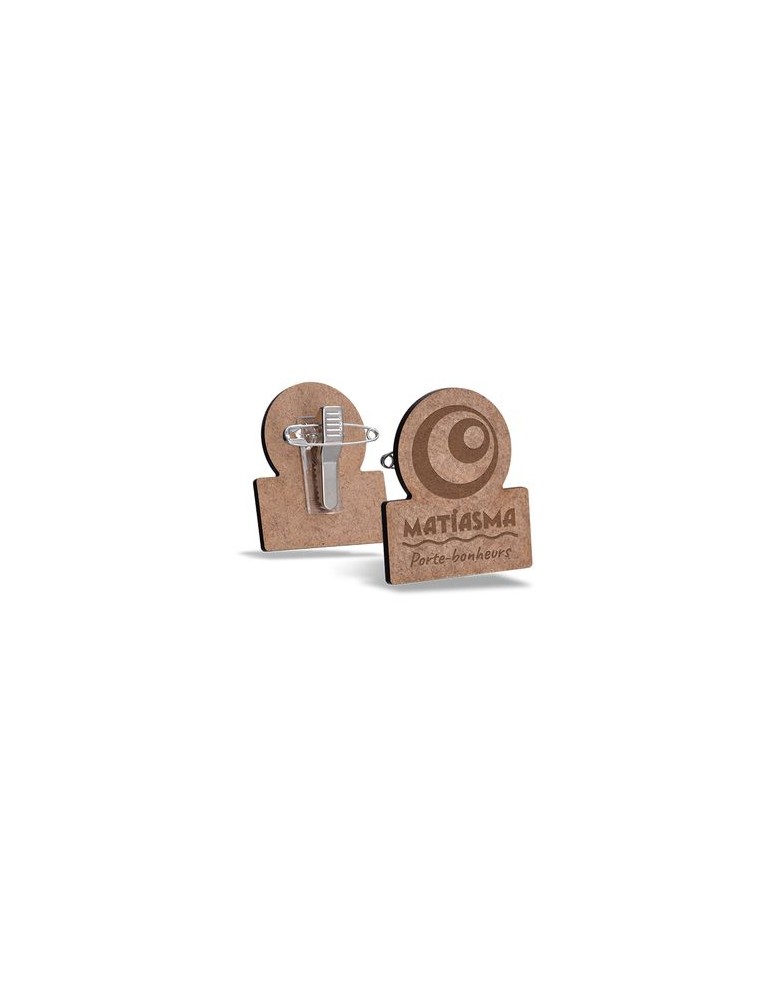 Badge publicitaire MDF 3 mm avec pince-épingle, taille maxi 20 cm² impression haute définition
