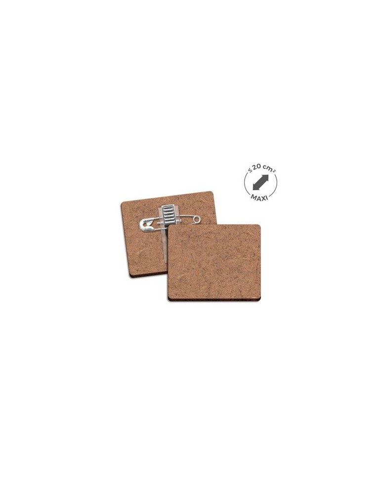 Badge publicitaire MDF 3 mm avec pince-épingle, taille maxi 20 cm² marquage laser ultra précis