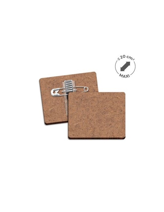 Badge publicitaire MDF 3 mm avec pince-épingle, taille maxi 20 cm² marquage laser ultra précis