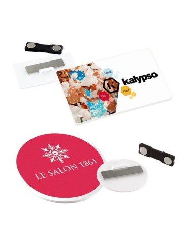 Badge plastique personnalisable ép. 2 mm avec pince-épingle et aimant - Publicitaire