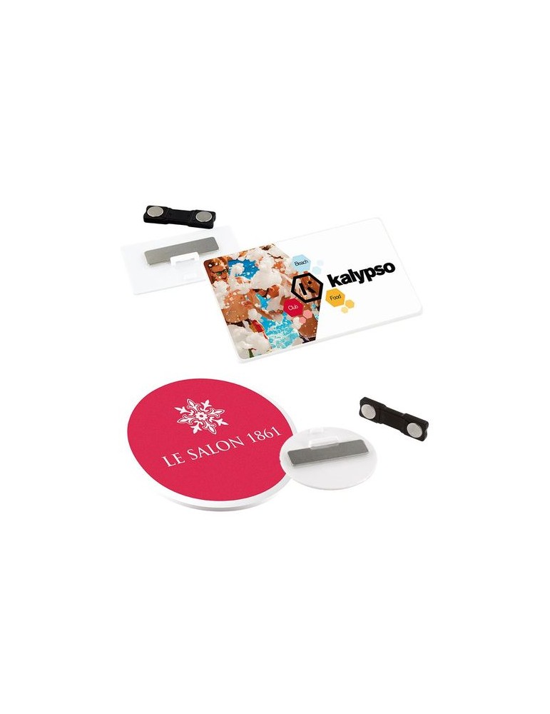 Badge plastique personnalisable ép. 2 mm avec pince-épingle et aimant - Publicitaire