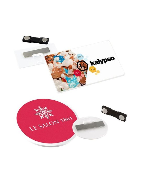 Badge plastique personnalisable ép. 2 mm avec pince-épingle et aimant - Publicitaire