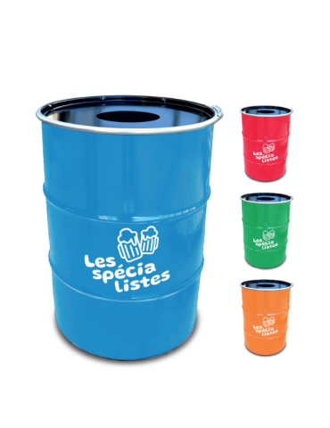 Des barils colorés avec des personnalisations blanches