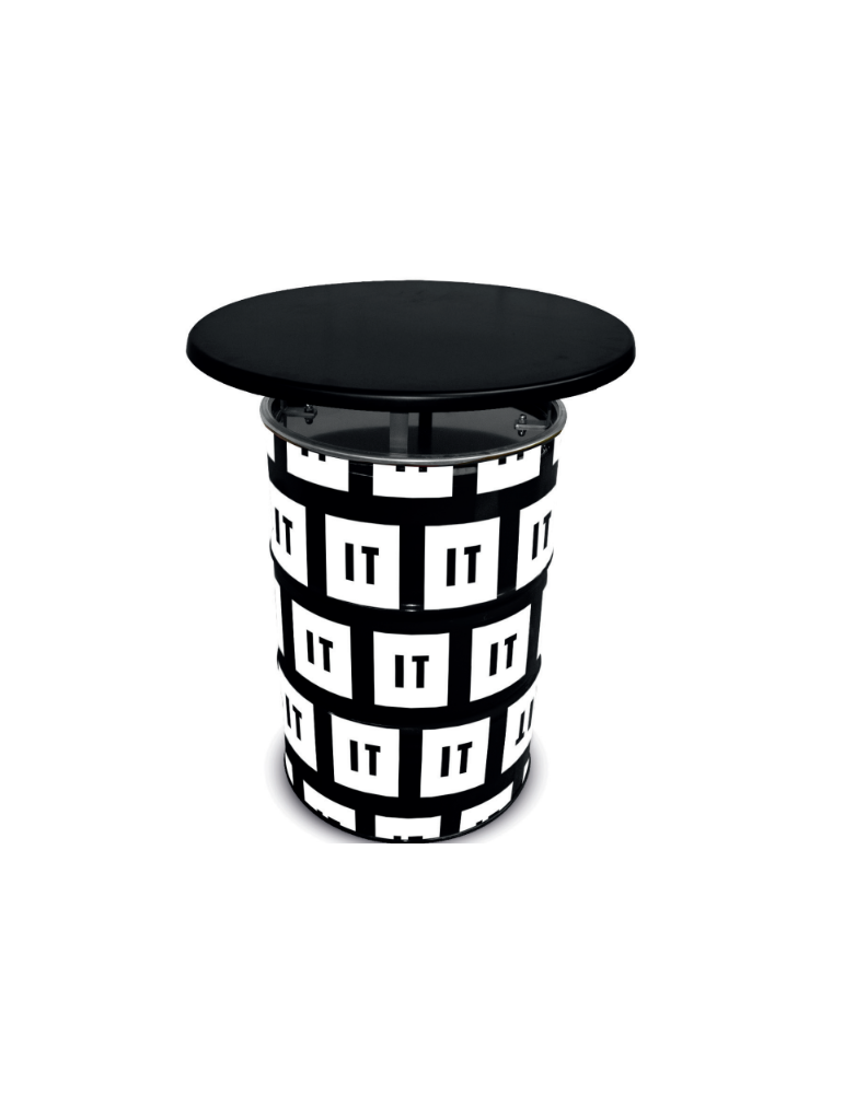 Baril en noir et blanc avec un  couvercle noir