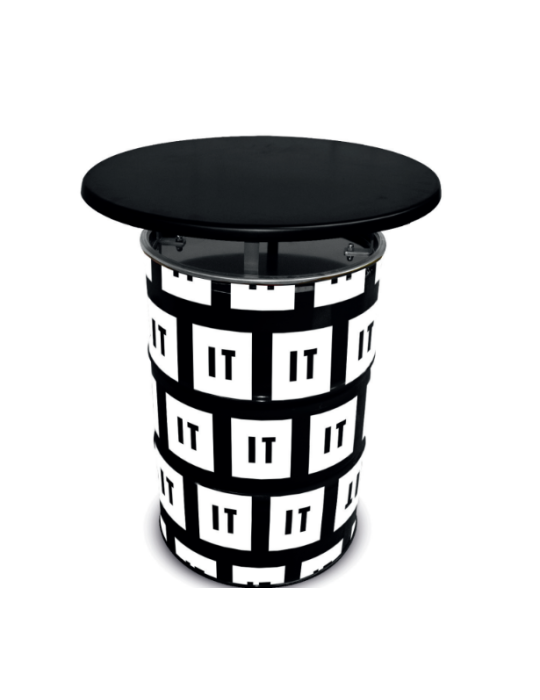 Baril en noir et blanc avec un  couvercle noir