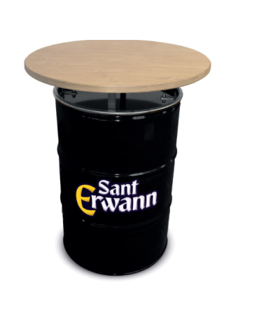 Un baril noir avec une inscription blanche et un couvercle en bois