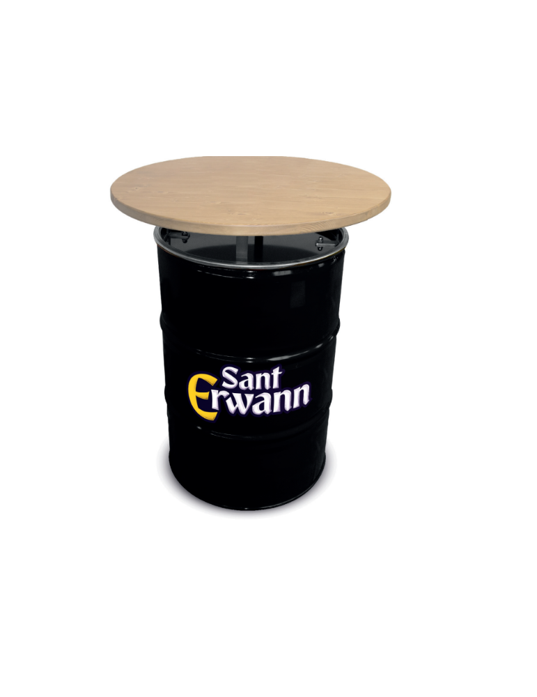 Un baril noir avec une inscription blanche et un couvercle en bois