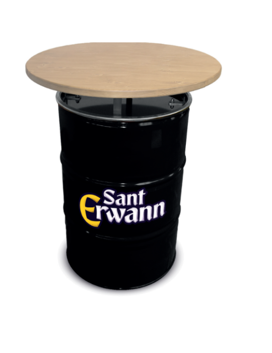 Un baril noir avec une inscription blanche et un couvercle en bois