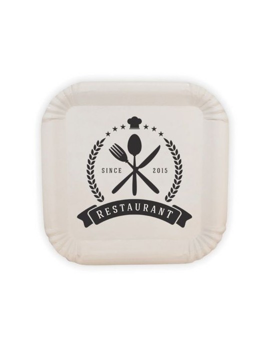 Assiette en carton carrée Matières : carton Couleurs : blanc personnalisable avec votre logo