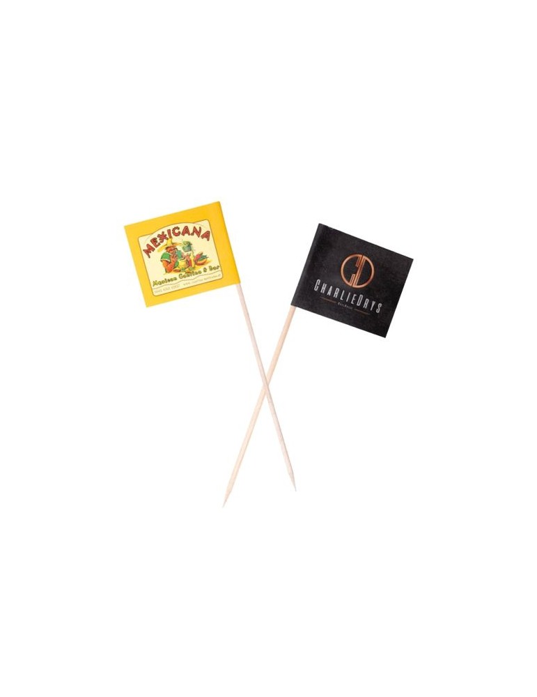 Pique burger mini drapeau Matières : papier Couleurs : blanc personnalisable avec votre logo