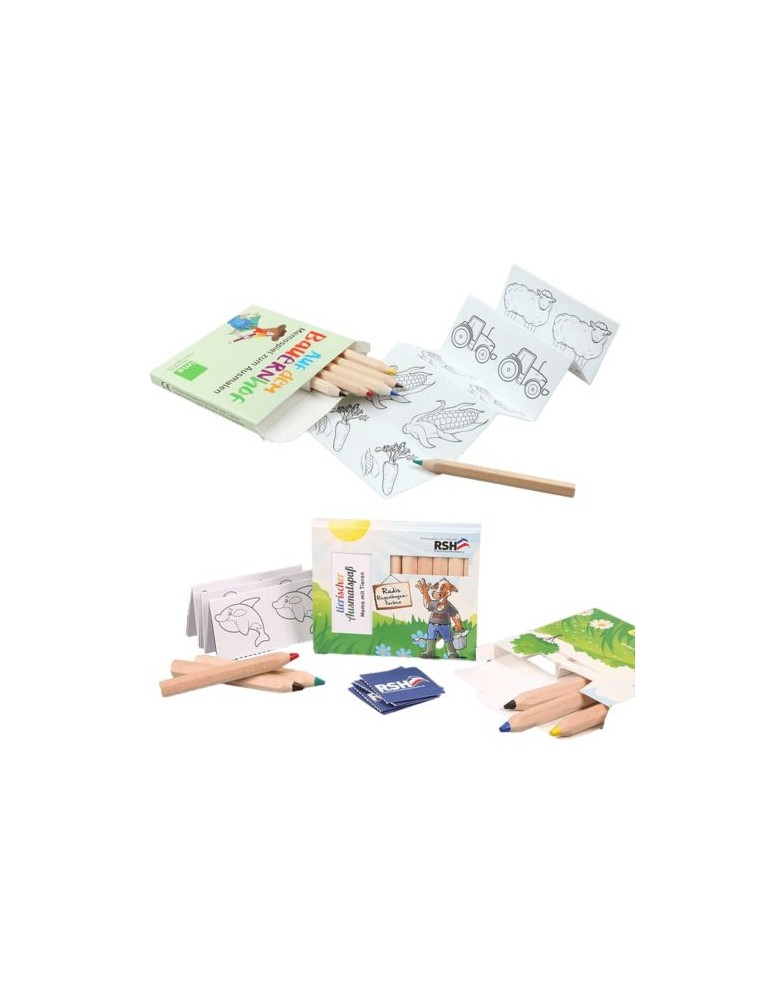 Set 6 crayons avec jeu de mémo à colorier Matières : bois Couleurs : naturel personnalisable avec votre logo