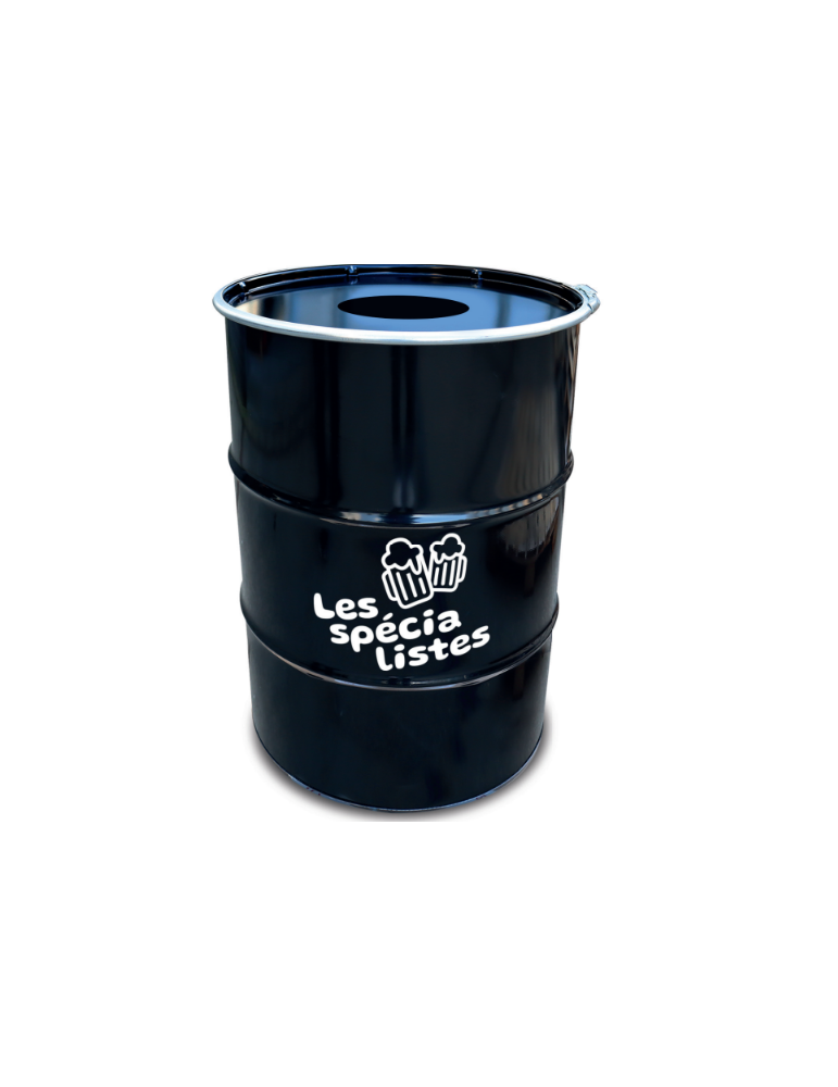 Un baril noir en acier avec logo blanc sur le devant