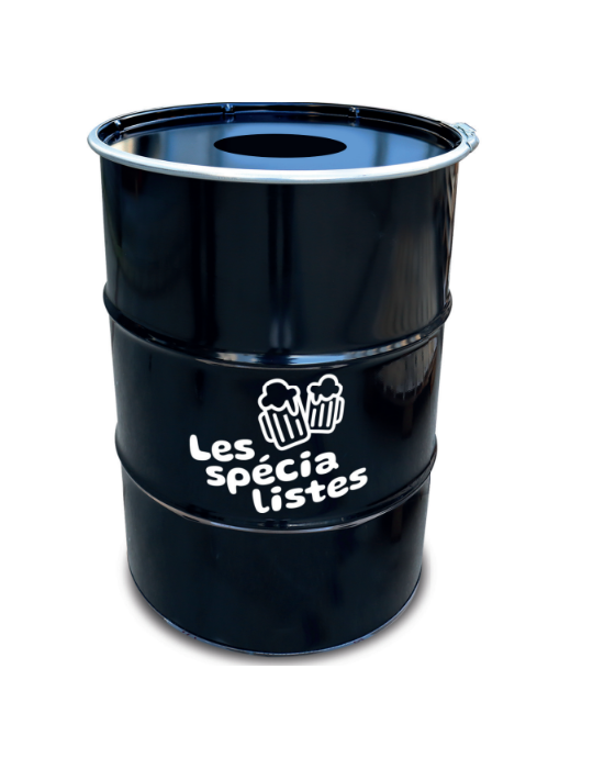 Un baril noir en acier avec logo blanc sur le devant