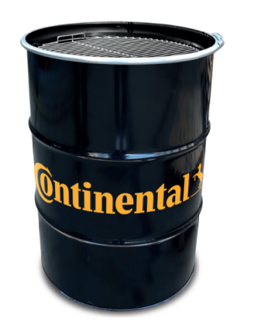 Un baril noir en acier avec un couvercle de barbecue et un logo jaune sur le devant