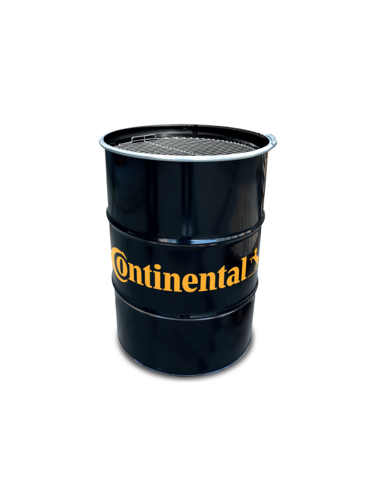 Un baril noir en acier avec un couvercle de barbecue et un logo jaune sur le devant