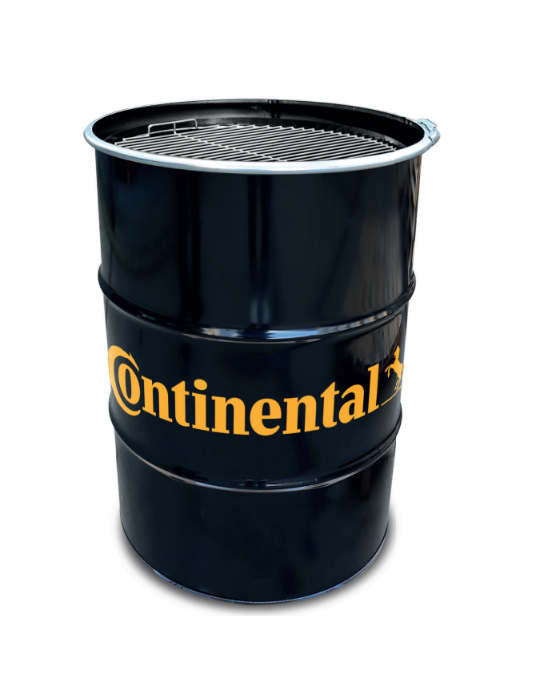 Un baril noir en acier avec un couvercle de barbecue et un logo jaune sur le devant