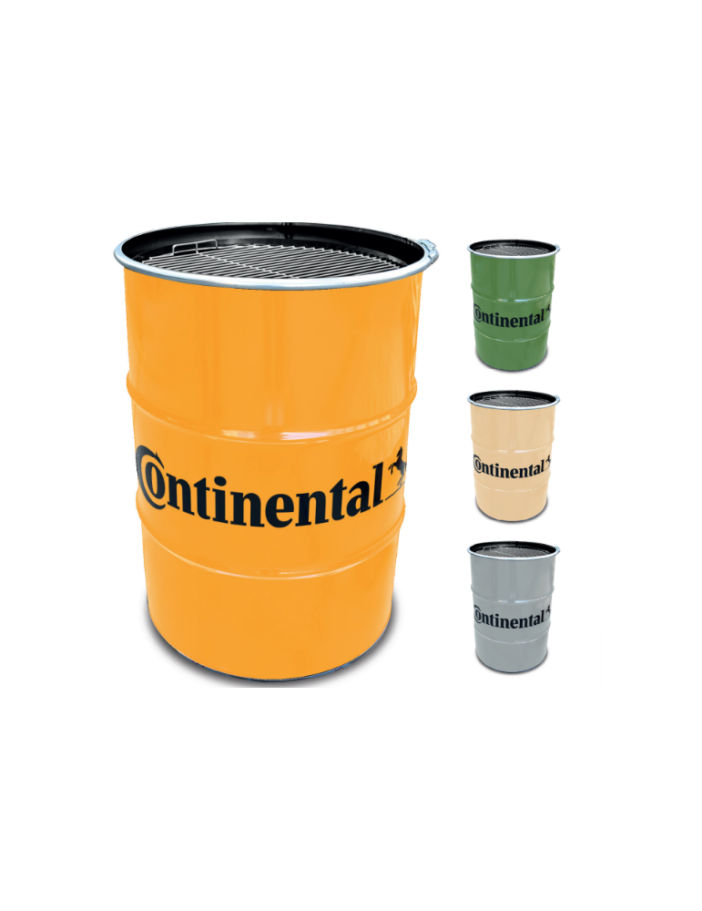 Des barils colorés avec un grille barbecue sur le sommet et un logo imprimé en noir sur le devant