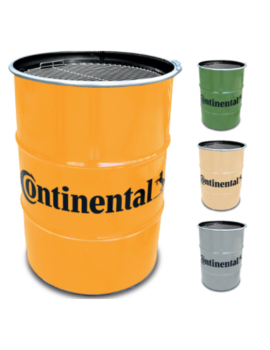 Des barils colorés avec un grille barbecue sur le sommet et un logo imprimé en noir sur le devant