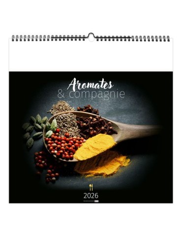 AROMATES ET COMPAGNIE 2026 - SMALL 330 x 330 mm - MARQUAGE 1 COULEUR - RELIURE BAGUETTE marquage laser ultra précis