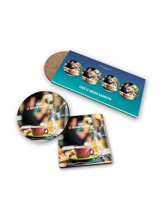 SET DE 4 SOUS-VERRE CARRES COINS ARRONDIS 95 x 95 mm - BOIS FIBRE DURE 3 mm - SOUS ETUI QUADRI 380g SATIMAT PELLICULAGE BRILLANT