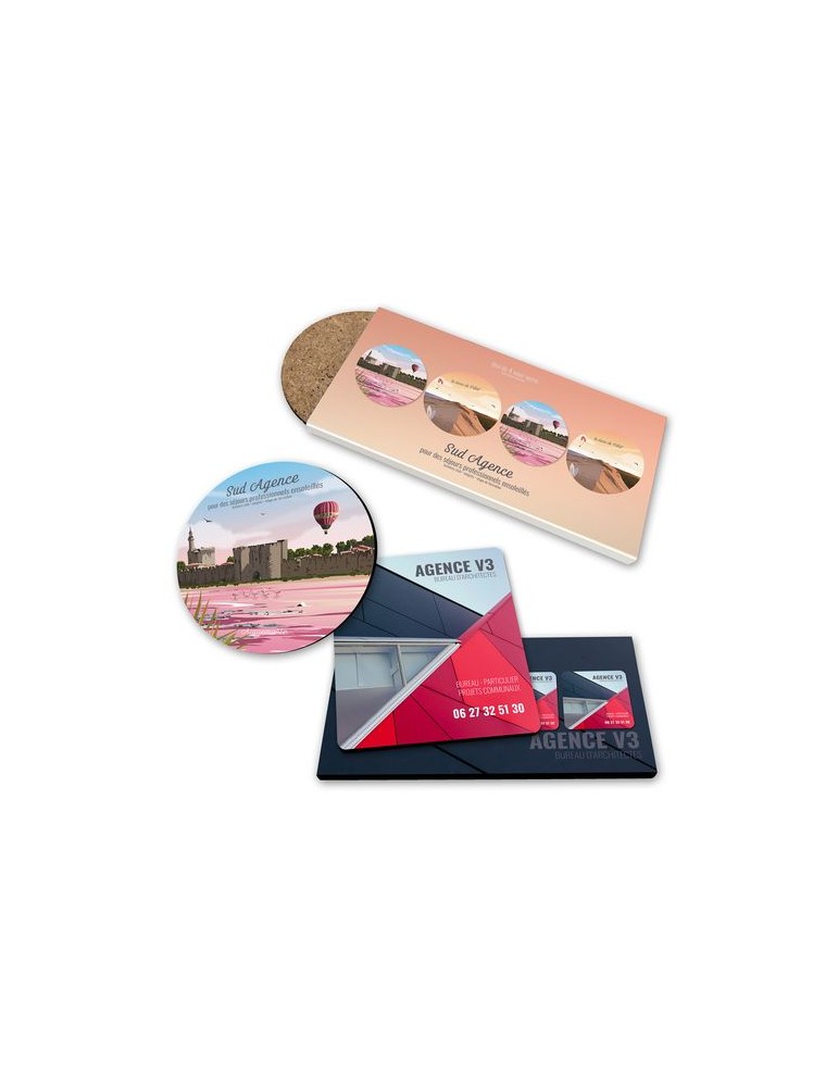 SET DE 4 SOUS-VERRE CARRES COINS ARRONDIS 95 x 95 mm - BOIS FIBRE DURE 3 mm - SOUS ETUI QUADRI 380g SATIMAT PELLICULAGE BRILLANT