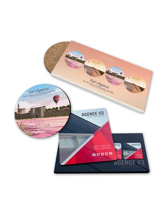 SET DE 4 SOUS-VERRE CARRES COINS ARRONDIS 95 x 95 mm - BOIS FIBRE DURE 3 mm - SOUS ETUI QUADRI 380g SATIMAT PELLICULAGE BRILLANT