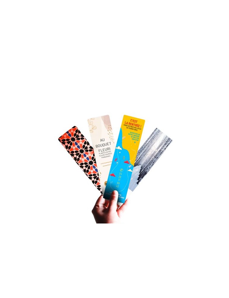 MARQUE-PAGES - 50X200 MM - 380G SATIMAT - IMPRESSION QUADRI RECTO SEUL - PELLICULAGE BRILLANT RECTO SEUL