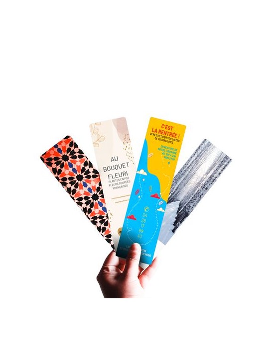 MARQUE-PAGES - 50X200 MM - 380G SATIMAT - IMPRESSION QUADRI RECTO SEUL - PELLICULAGE BRILLANT RECTO SEUL