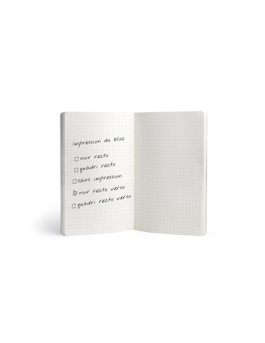 NOTEBOOK DOS CARRE COLLE - MIDI 150 x 210 mm - COUVERTURE 380g SATIMAT AVEC PELLICULAGE BRILLANT PAGES 1 ET 4 - BLOC INTERIEUR D