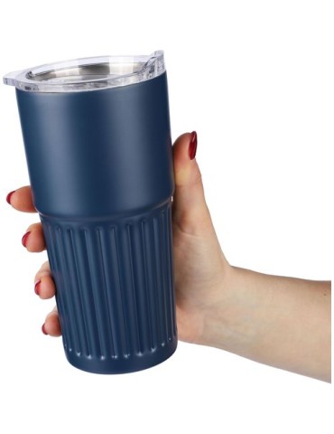 Mug double paroi en acier inoxydable recyclé de 500 ml Kael Matières : silicone Couleurs : bleu impression logo haute qualité