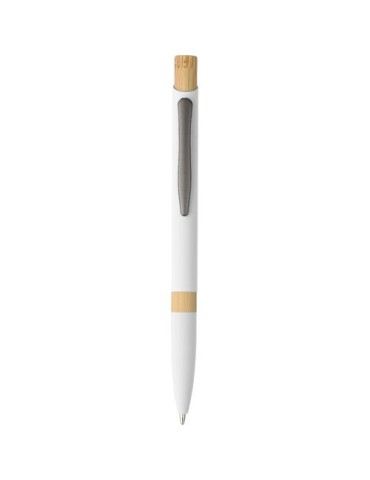 Stylo bille en aluminium recyclé toucher gomme Calandra Matières : bambou Couleurs : blanc marquage laser ultra précis