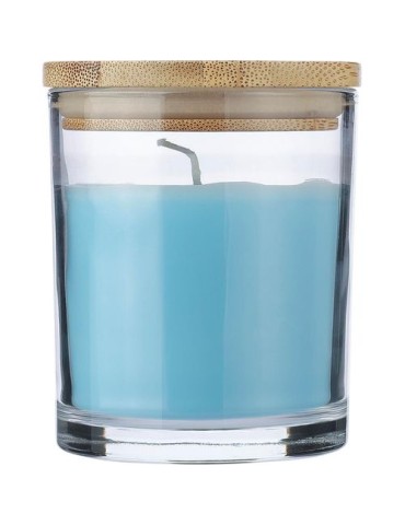 Bougie dans un contenant en verre Riven Matières : bambou Couleurs : bleu clair marquage laser ultra précis