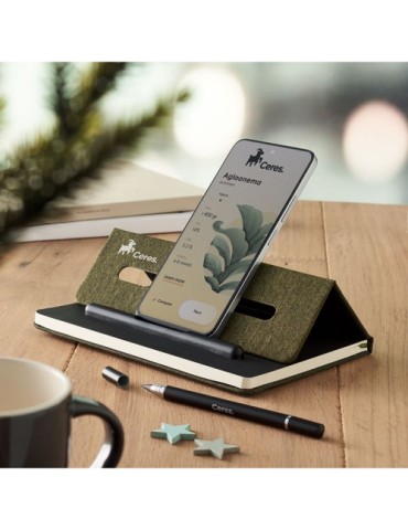RINBOOK Cahier A5 support de téléphone Matières : papier recyclé Couleurs : vert foncé objet promotionnel éco-responsable