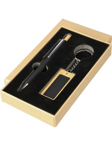 Coffret d’écriture en bambou Zaid Matières : acier inoxydable Couleurs : noir objet promotionnel éco-responsable