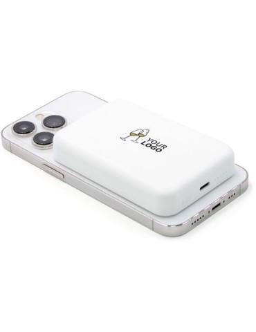 Chargeur BrandCharger Powercharge Wireless 5 000 Eco Matières : ABS recyclé Couleurs : blanc impression logo haute qualité