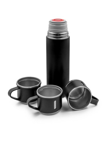 Thermos 420 ml et 3 mugs 150 ml | Quavean Matières : acier inoxydable Couleurs : noir goodies publicitaire événementiel