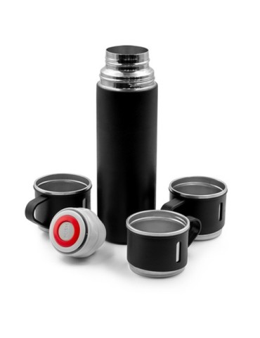 Thermos 420 ml et 3 mugs 150 ml | Quavean Matières : acier inoxydable Couleurs : noir impression haute définition