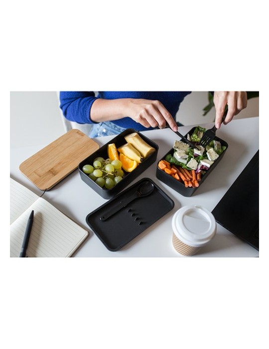 Lunch box 2 en 1, 2x500 ml, couvercle en bambou, couverts | Tijani