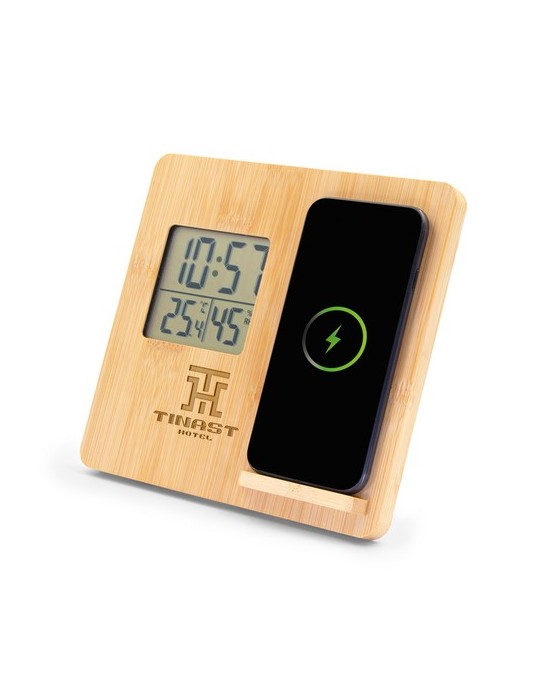 Chargeur sans fil en bambou 10W, station météo | Kahele