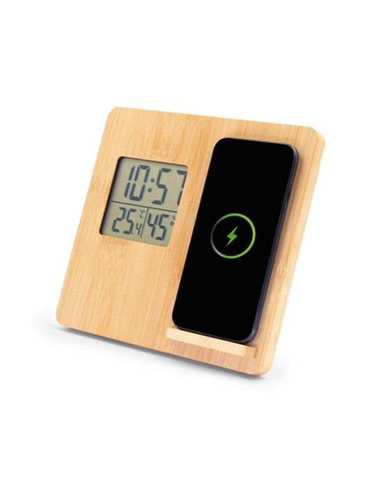 Chargeur sans fil en bambou 10W, station météo | Kahele