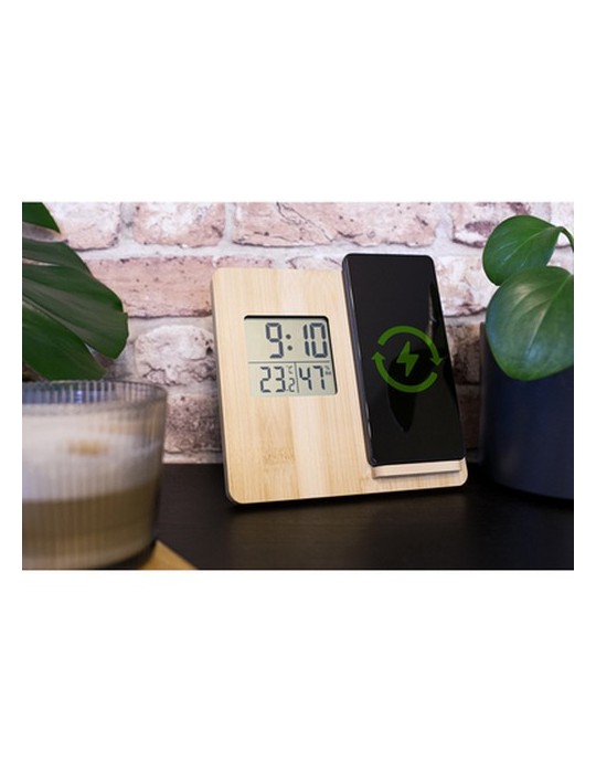 Chargeur sans fil en bambou 10W, station météo | Kahele