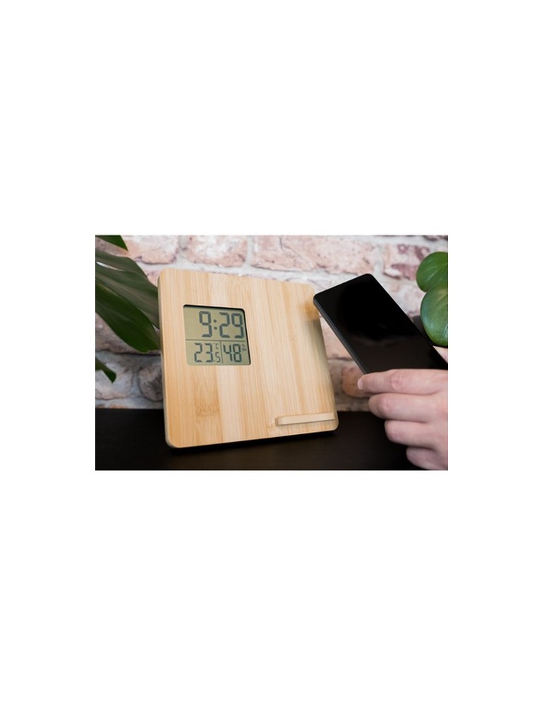 Chargeur sans fil en bambou 10W, station météo | Kahele