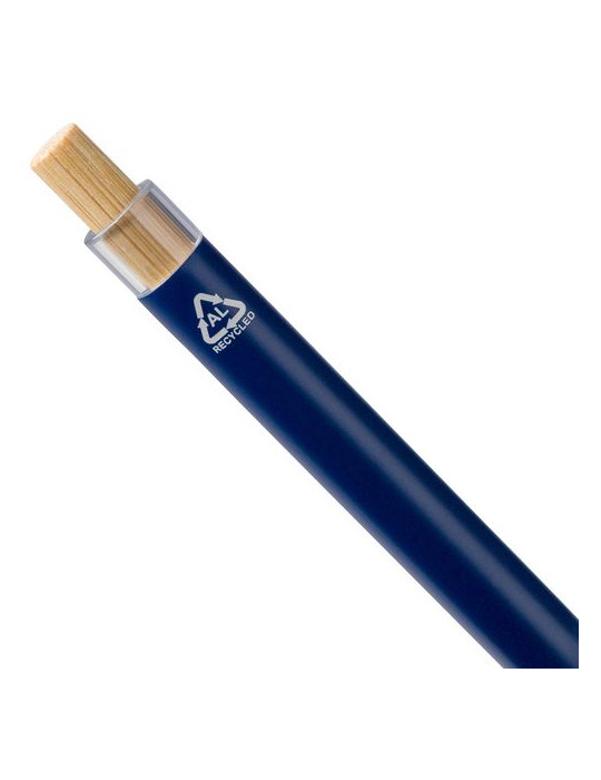 Stylo à bille poussoir laqué en aluminium recyclé Maren Matières : bambou Couleurs : noir marquage couleur éclatante