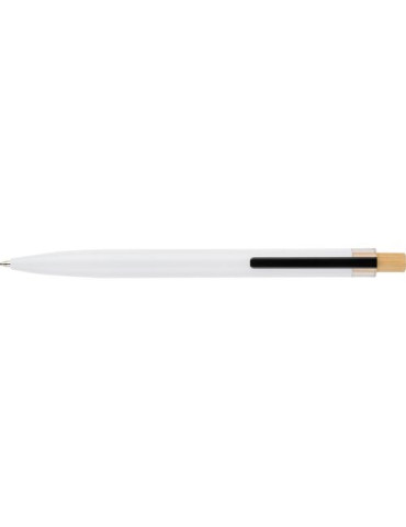 Stylo à bille poussoir laqué en aluminium recyclé Maren Matières : bambou Couleurs : blanc personnalisable avec votre logo
